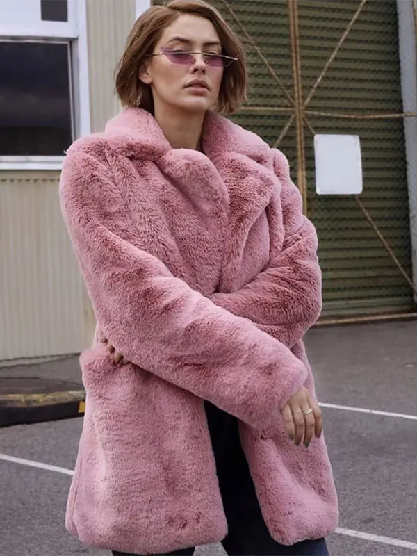 Faux Fur Coats Long Sleeves Casual Turndown Collar Pink Eco-friendly Fur Coat